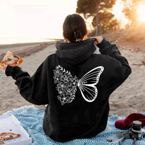 Butterfly Graphic Women Hoodie Vintage Floral Pullover
