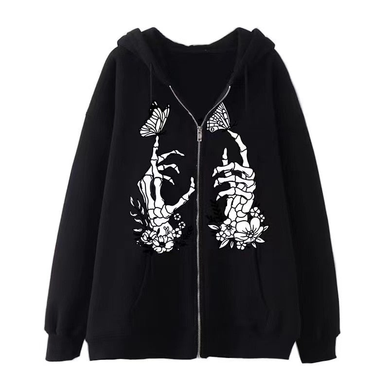 Retro Gothic Skeleton Hoodies Y2K Zip-Up Fashion for Women in Harajuku Style