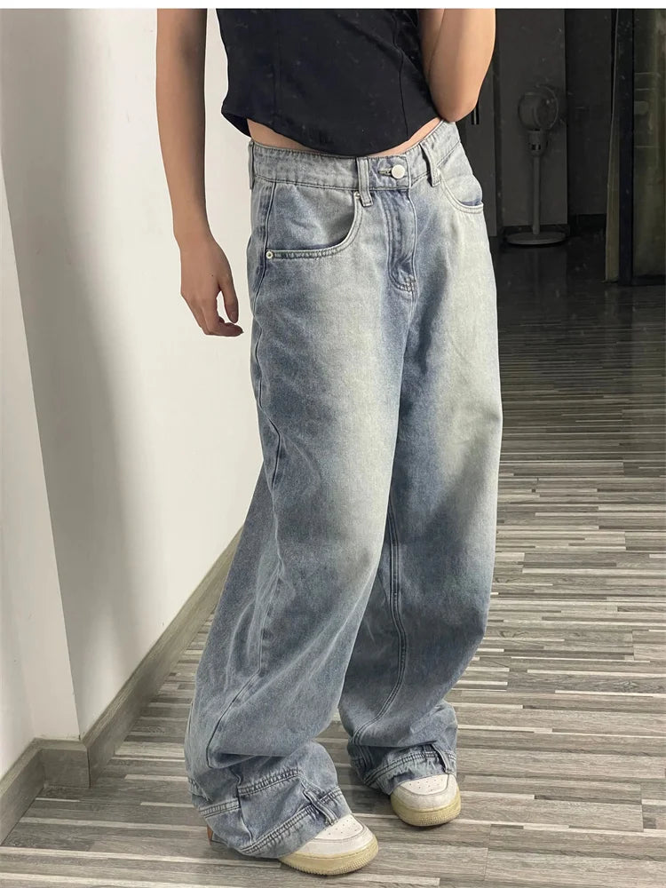 Fashion American Retro Baggy High Waisted Jeans Women High Street Denim Pants