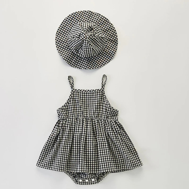 Baby Girls Jumpsuit+Hat Sleeveless Cotton Plaid Toddler Baby Girl Dress Romper