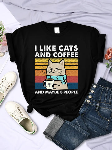 I Like Cats And Coffee T Shirt Women Hip Hop Summer Soft Short Sleeve Breathable
