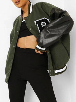 Patchwork Crop Varsity Jacket Winter Baseball Coat