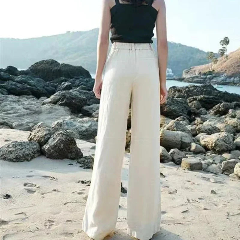 Summer Baggy Cotton Linen Pants Women High Waist White Wide Leg Pants Trousers
