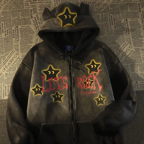 Star Personalized Design Washed Cardigan Hoodies Women Autumn and Winter Fashion Trend