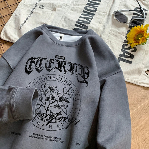 Retro Gothic Print Sweatshirt Fall Fit Crew Neck Y2k Street