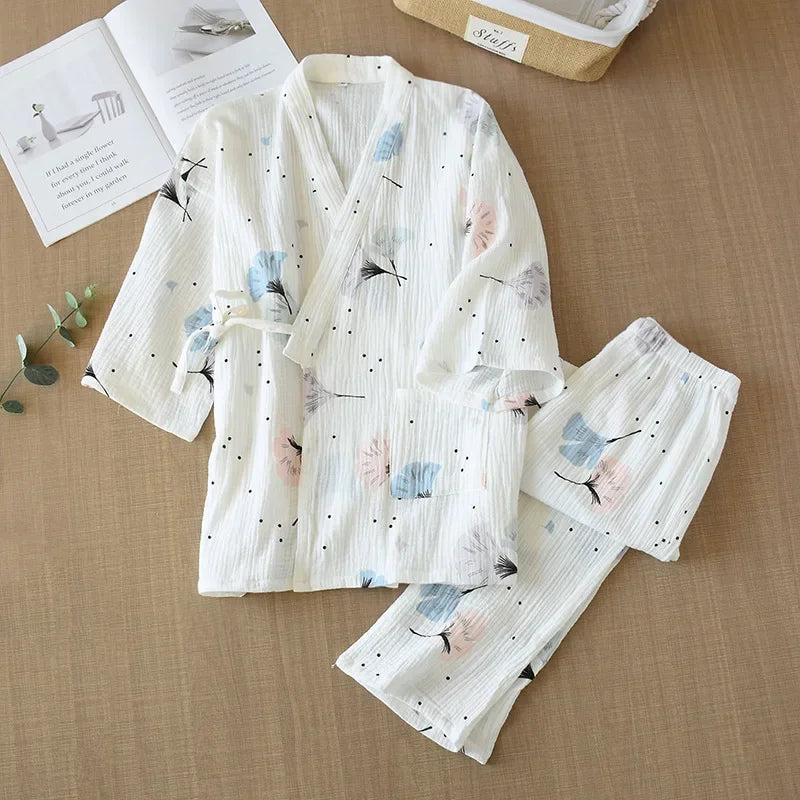 Japanese kimono ladies cotton pajamas two-piece three-quarter sleeve