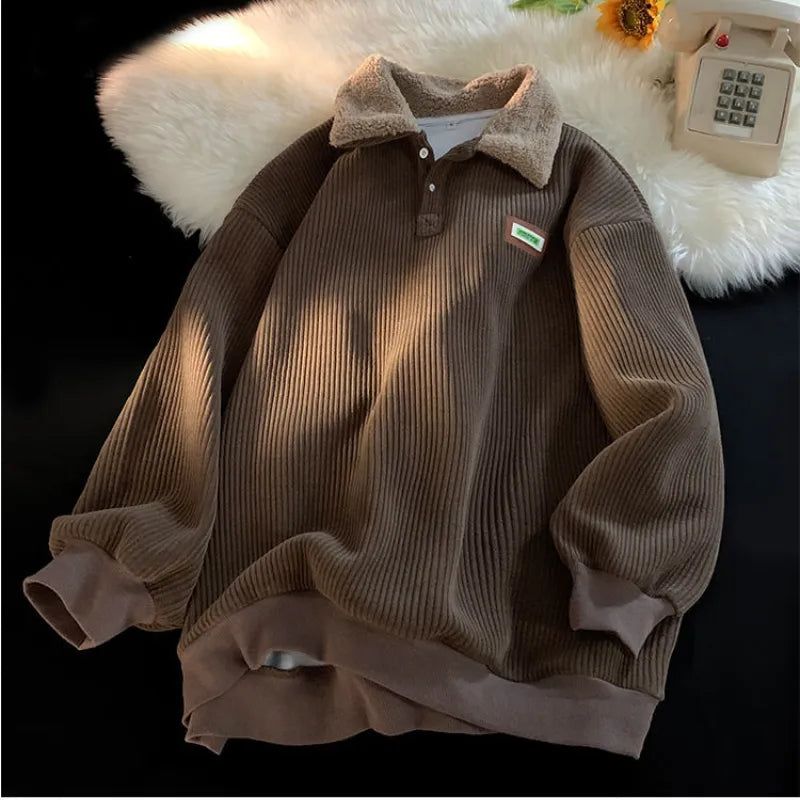 Harajuku Style Velvet Corduroy Hoodie for Women - Oversized Button Sweatshirt