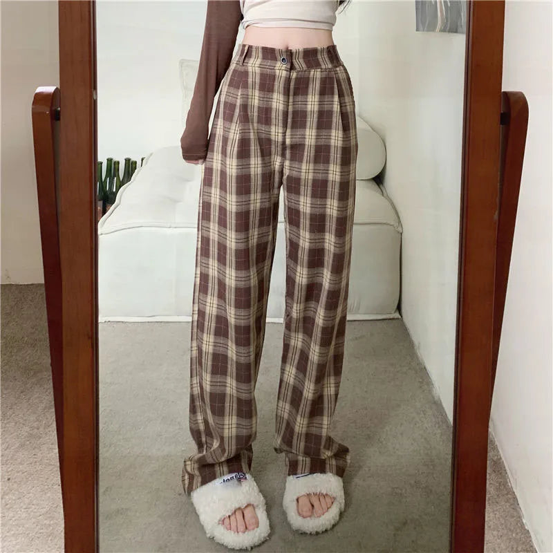 High Waist Plaid Wide Leg Pants Women Vintage Streetwear