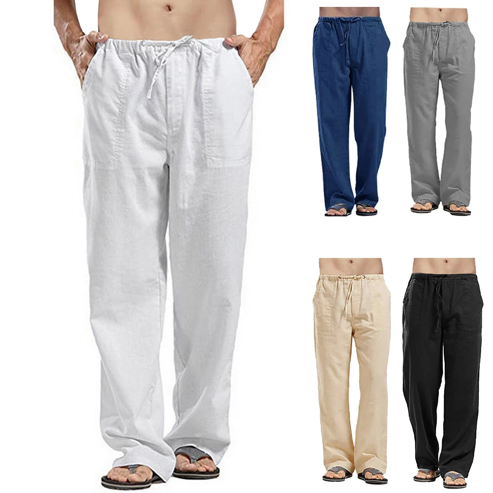Linen Long Pants Drawstring Trousers Leisure Resort Trousers Men Thin Oversized