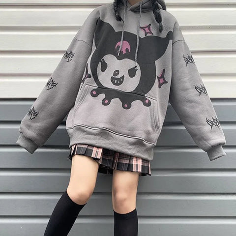 Sanrio Kuromi Fleece Hoodie Y2K Cartoon Loose Casual Top for Women