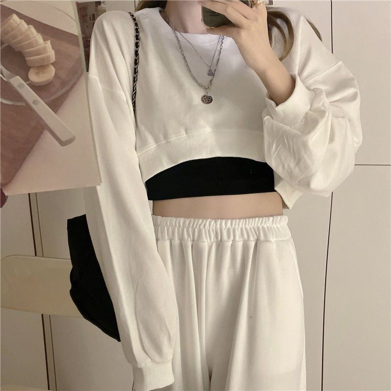 Y2k Streetwear Solid Crop Sweatshirt Harajuku Long Sleeve