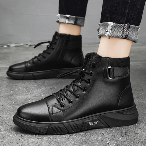 Black PU Leather Men's Ankle Boots