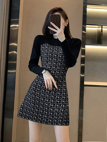 Korean Fashion Knit Dress - Autumn-Winter Long Sleeve O-Neck, Stylish Patchwork Grid Stitching  Fashionable Look