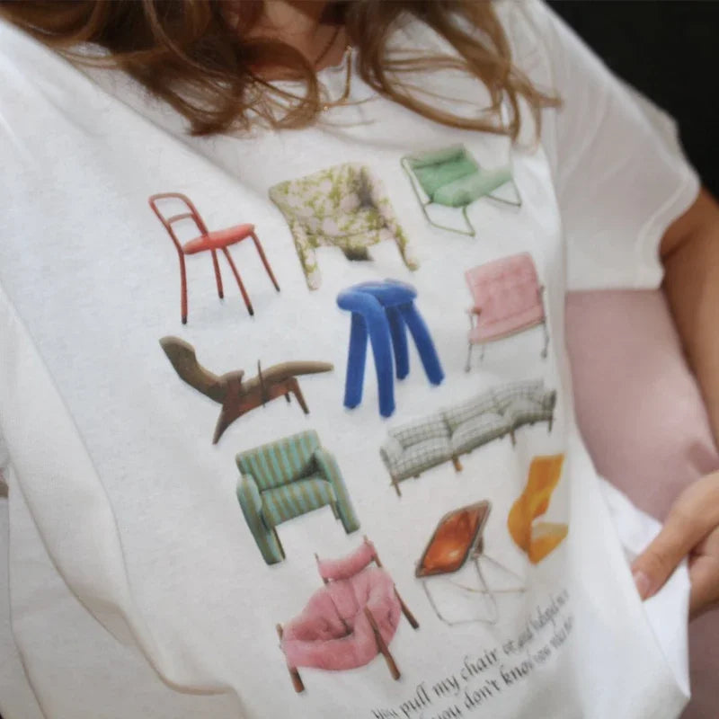 Design Chairs Printed Women Vintage T Shirt Grunge Aesthetic Music Lyrics