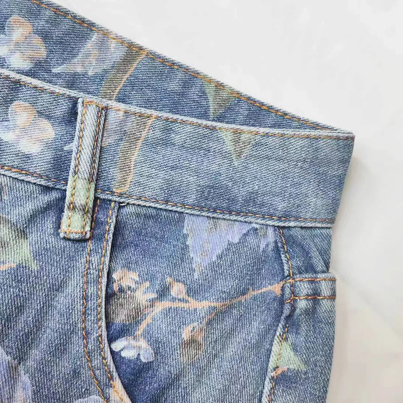 Mens Fashion Printed Jeans Floral Denim Mopping Trousers High Street