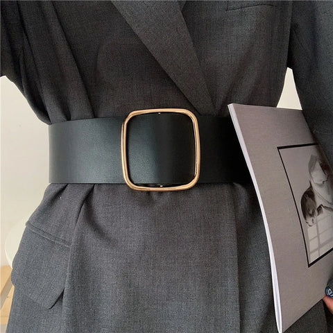 Luxury Wide Black Belt: Square Buckle Nonporous PU Leather