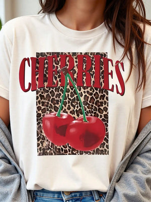 Retro Cherry Leopard Print Tee Women Spring Summer Casual