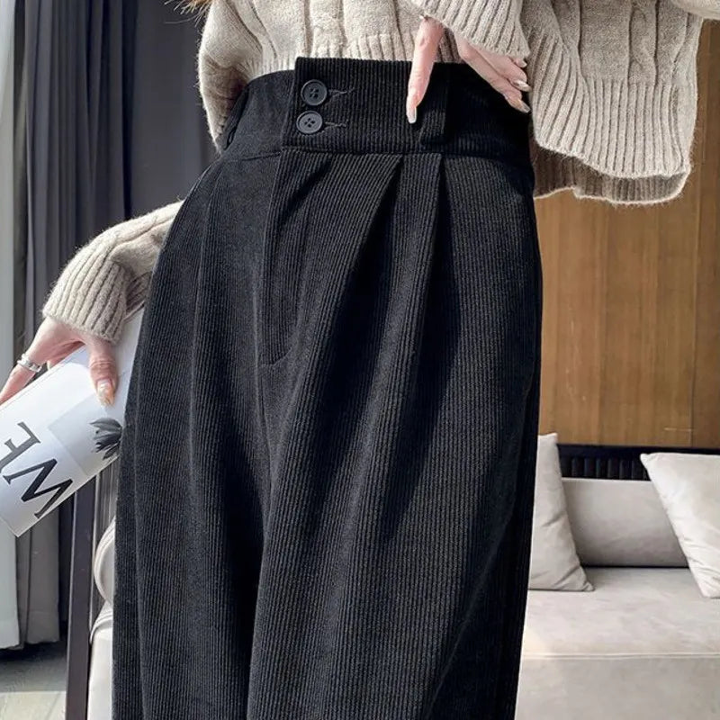 Korean Fashion 2023 Women's Winter Plus Velvet Wide Leg Pants - Casual High Waist Straight Loose Trousers
