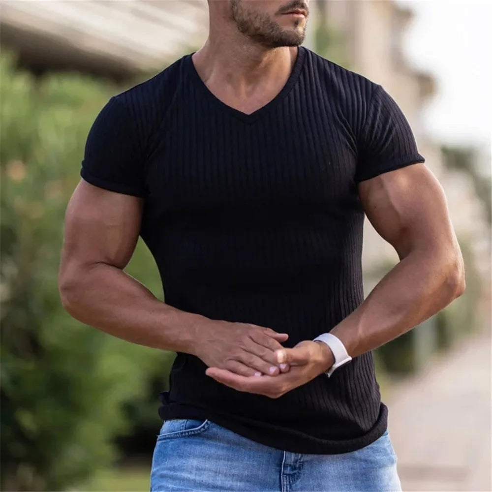 2024 V Neck Sports T-Shirt Fashion Man Short Sleeve Casual