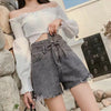 Trendy Gray Denim Shorts High Waist Wide Leg Tassel Lace-up A-line