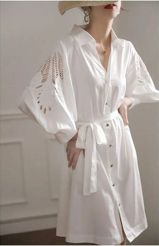 Design White Dresses Long Sleeve Shirt Summer Dress One Piece