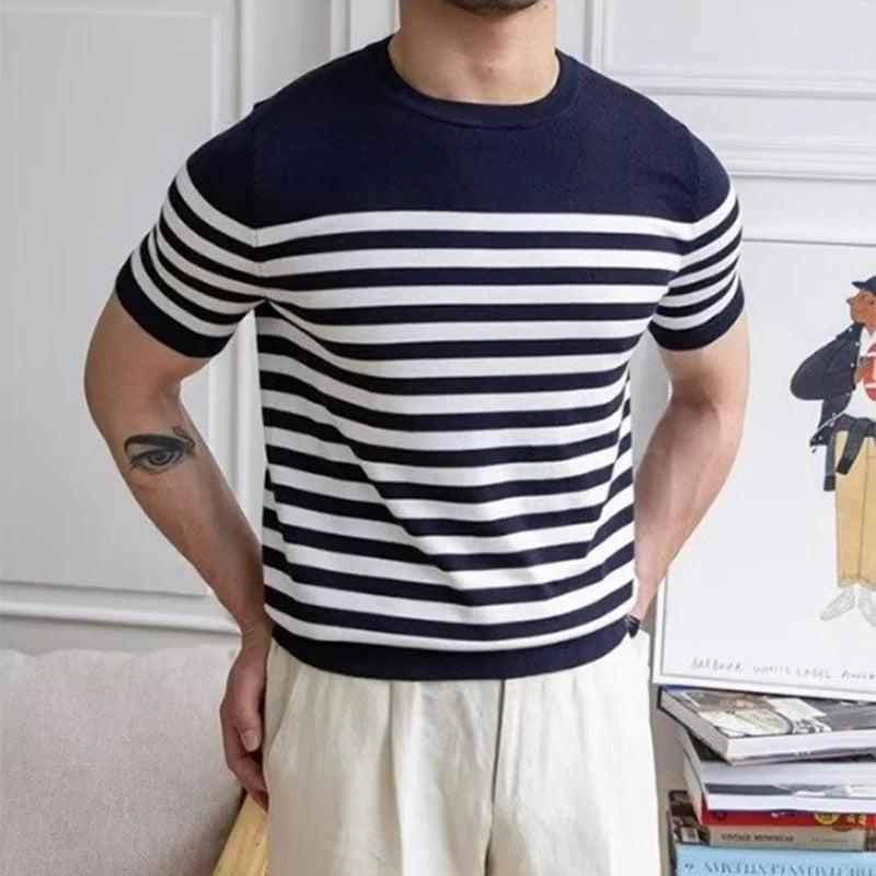 Summer Fashion Striped T Shirt Men Casual Slim Fit Short Sleeve O Neck