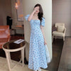 Korean Chic Off-Shoulder Floral Midi Dress - Puff Sleeve Split Party Dress