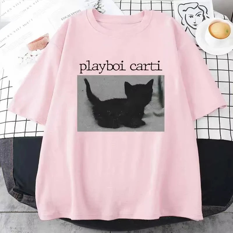 Playboi Carti  T Shirts Cute Cat Harajuku Print Tee Regular Mens Rapper