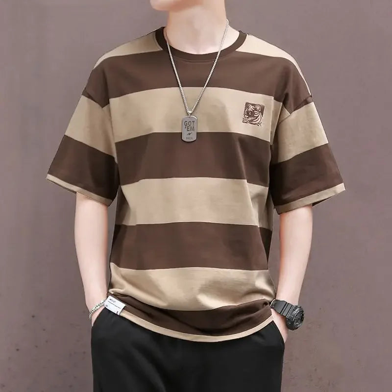 Men's Pullovers Crew Neck Contrast Color Casual Fashion Short Sleeve Striped