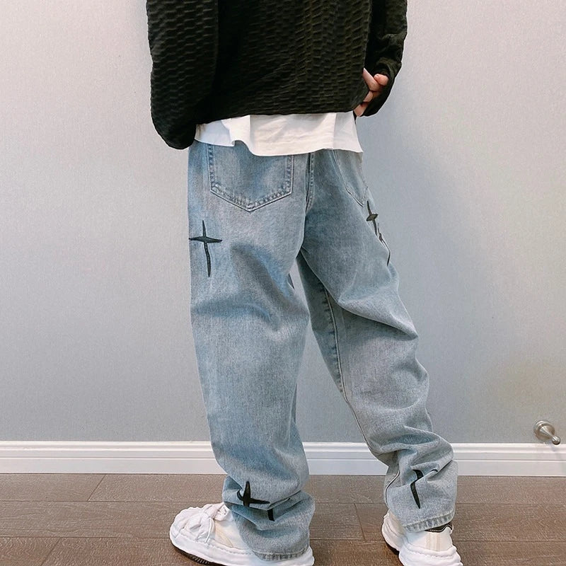 Prints Jeans Men Streetwear Baggy Wide Leg Straight Casual Denim Cargo Pants