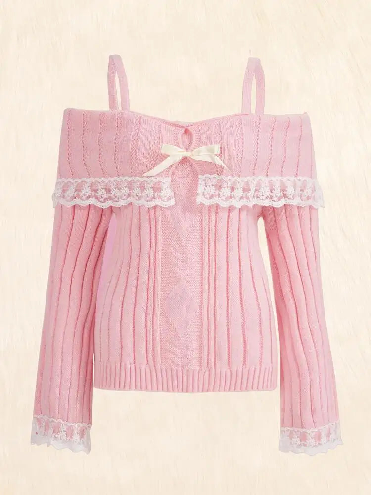 Y2K Off Shoulder Pink Knit Sweater Grunge Streetwear