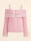 Y2K Off Shoulder Pink Knit Sweater Grunge Streetwear