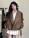 2024 Coffee Leather Jacket Women's Loose Fit Moto Coat