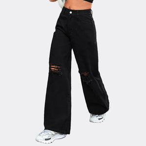 Women Straight Leg Wide Leg Trousers Jeans Casual Loose Ripped Button Zipper
