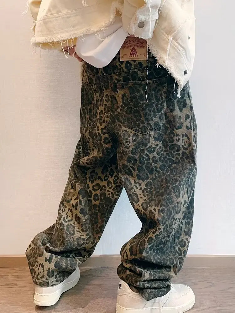 Leopard Jeans Men Denim Pants Oversize Wide Leg Trousers Streetwear