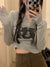 Y2K Grunge Revival: Gray Graphic Crop Top - Women's Long T-Shirt for Trending Korean Style