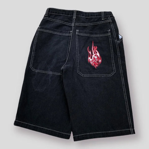 New American Retro Hip Hop Streetwear Shorts with Flame Graphics