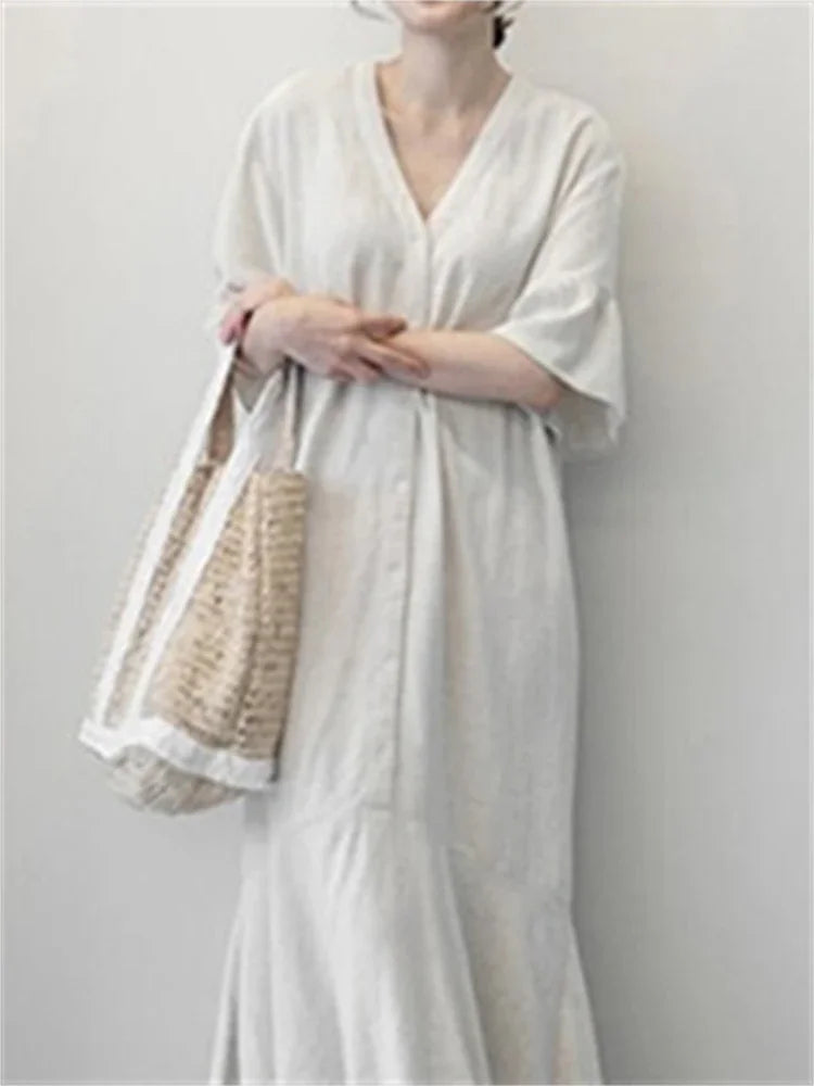 Women's White V Neck Long Dress