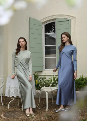 Elegance satin dress + knitted top match set maxi floor lenght clothes