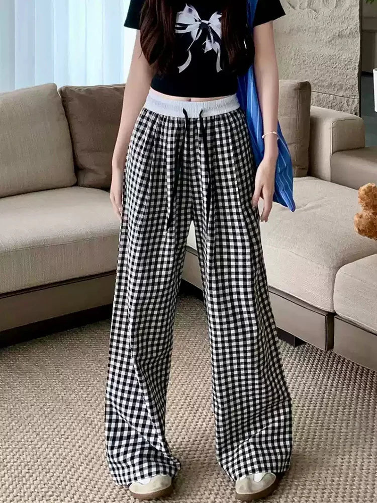 Women Wide leg Plaid Pants Summer Elastic Waist Stright Long Loose Pants Casual