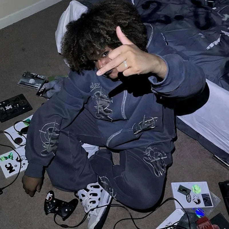 Bear Embroidered Hoodie Set – Couple Streetwear Tracksuit