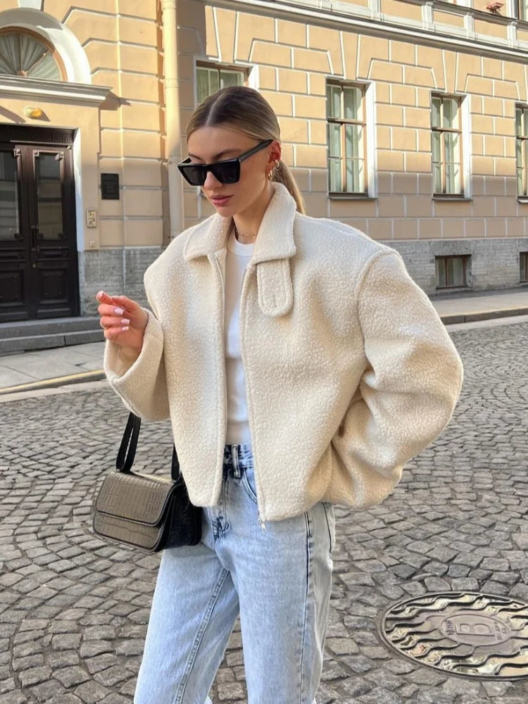 Zipper Lamb Wool Jacket For Women Chic Lapel
