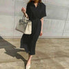 Cotton and Linen Long Dress Fashion Polo Neck Single Breasted Shirt