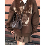 Y2K Vintage Brown Sweatshirts Women Streetwear Egirl Aesthetic Letter Oversize