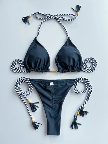 2023 Two Color Hand Rope Swimwear Brazilian Bikini Set Sexy Thong Swimsuit