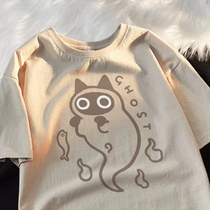 Ghost Cat Loose Short Sleeved T-shirt for Japanese Fashion Couple