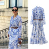 Women's 2024 V-neck Long Sleeve Printed Belted Dress