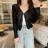 Sun Kissed Comfort Women's Summer Hollow Out Sunscreen Cardigan Thin Long-Sleeved Shirt Shawl for Korean-Inspired Airy Style