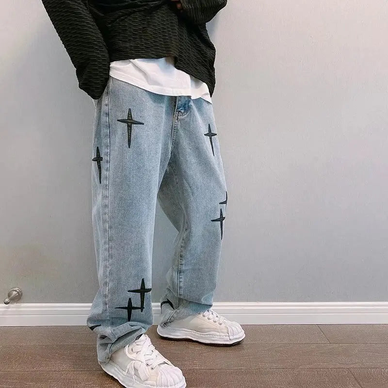 Prints Jeans Men Streetwear Baggy Wide Leg Straight Casual Denim Cargo Pants