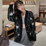 Knitted Argyle Heart Pattern Jacquard Sweater Long Sleeve
